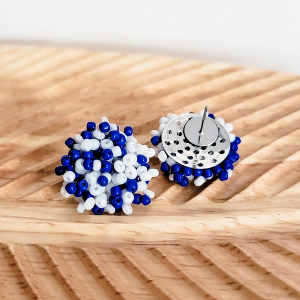 NEW - Royal Blue and White Mix 15mm Small Seed Bead Topper, 1 Pair, Stainless Steel Stud Beaded Dome Finding, Pom Style Jewelry Connector