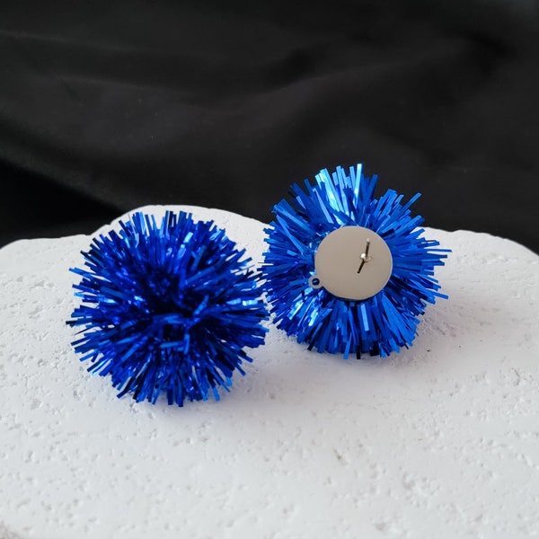 NEW - Royal Blue Tinsel 30mm Large Stud Topper, 1 Pair, All Stainless Steel Dome Finding, Holiday Christmas Premium Studs