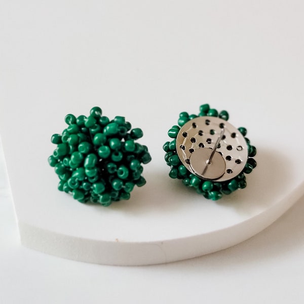 NEW - EMERALD GREEN 15mm Small Seed Bead Topper, 1 Pair, All Stainless Steel Stud Beaded Dome Finding, Pom Style Beaded Jewelry Connector