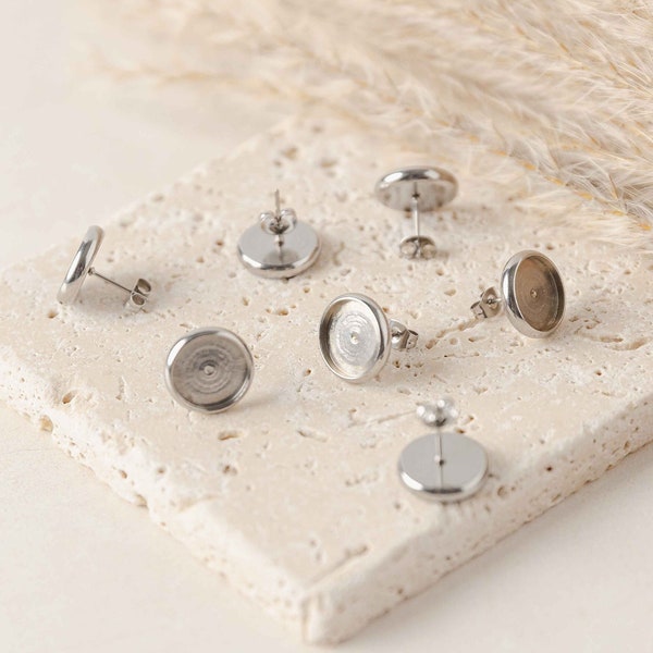 Silver Stud Bezels, 10mm Surgical Stainless Steel Stud Post Trays Flat Round, Hypoallergenic Tarnish Resistant