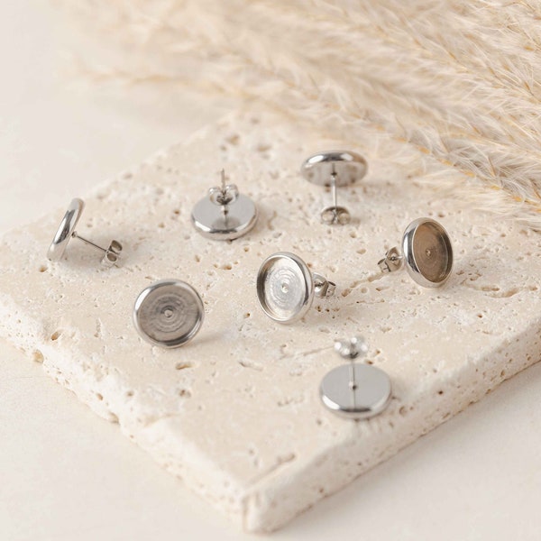 Silver Stud Bezels, 8mm Surgical Stainless Steel Stud Post Trays Flat Round, Hypoallergenic Tarnish Resistant