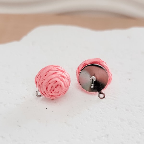 NEW - Light Pink 14mm Raffia Small Stud Topper, 1 Pair, All Stainless Steel Dome Finding, Woven Rattan Boho Connector