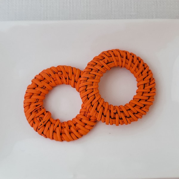 ORANGE Open Circle Woven Real Rattan Pendants, 4 pcs, 45mm Charms Connectors Jewelry Findings for Polymer Clay Leather Wood Acrylic