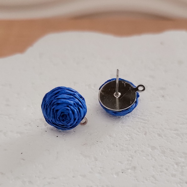 NEW - ROYAL Blue 14mm Raffia Small Stud Topper, 1 Pair, All Stainless Steel Dome Finding, Woven Rattan Boho Connector