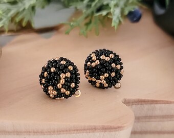 Black and Gold Mix 14mm Small Round Beaded Stud Topper, 1 Pair, Stud Post Dome Finding, Jewelry Connector