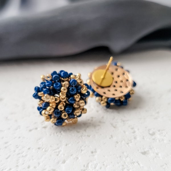 NEW - Gold and Navy Mix 15mm Small Seed Bead Topper, 1 Pair, All Stainless Steel Stud Beaded Dome Finding, Pom Style Jewelry Connector