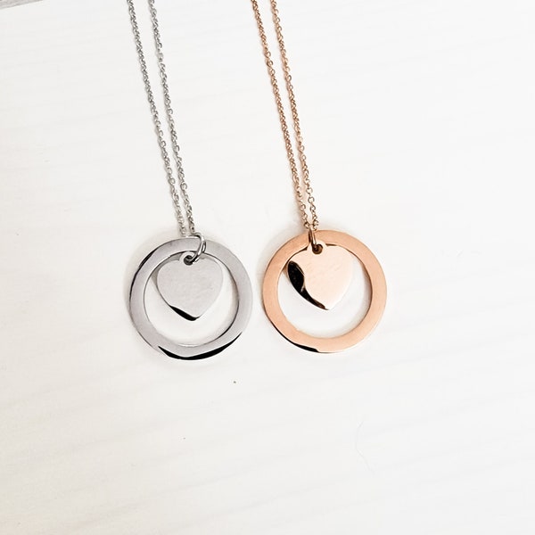 Encircled Heart Necklace (Silver, Gold, or Rose Gold), 1 Total, Metal Blank #25, Mirror Polish Stainless Steel Hypoallergenic