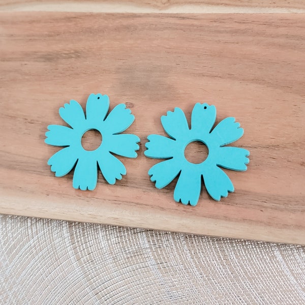 LIGHT BLUE Wooden Flower Pendant, 1 Pair (2 Pieces), 50mm Wood Floral Round Charms Connectors Jewelry Findings