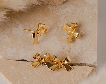 Gold Classic Bow Stud Earring Findings, Christmas Holiday Bowknot Post Earring Connector with Loop, Hypoallergenic Sterling Silver Finding