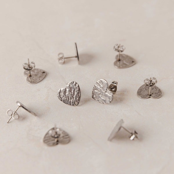 Textured Silver Heart Stud Findings with Holes, 12mm Surgical Stainless Steel with Posts and Backs, Hypoallergenic Tarnish Resistant