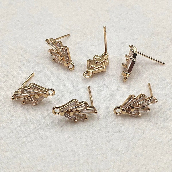 Art Deco Style Cubic Zirconia GOLD Studs with Loops, 10 pcs, Holiday Stud Connectors, Stainless Steel Posts, Hypoallergenic Findings Pave