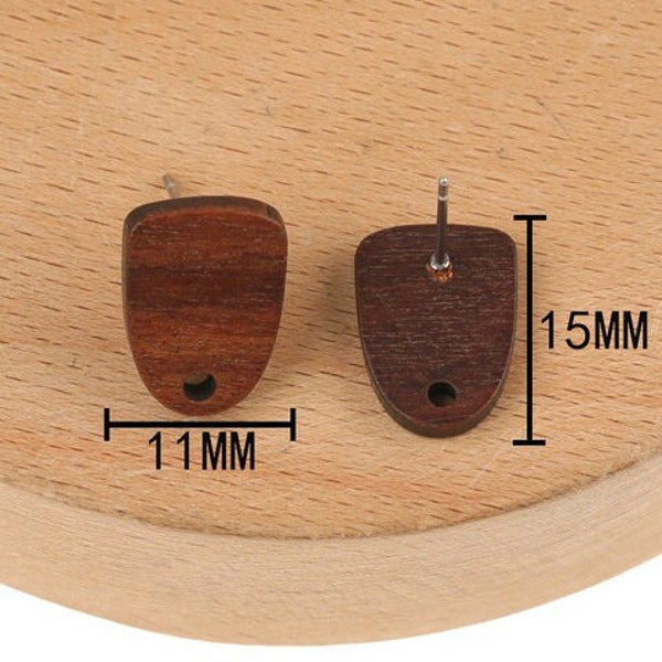 Walnut Wooden TALL TRAPEZOID Stud Earring Findings (15x11mm), Round Wood Post Earring Connector, One Hole Circle Stainless Steel Post