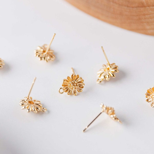 Sunflower Gold 12mm Stud Earring Findings, 10 pcs, Stainless Steel Post with Brass Flower, Hypoallergenic Post Finding