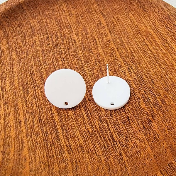 Matte White Acrylic Circle Stud Earring Findings (16mm), 10 pcs, Round Resin Post Earring Connector, One Hole Circle Stainless Steel Post