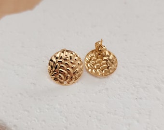 GOLD Hammered Circle Stud Connectors (16 mm), Round Post Earring Connector, One Hole Circle Stainless Steel Post Finding