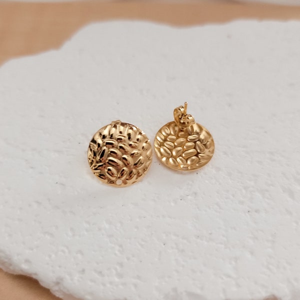 GOLD Hammered Circle Stud Connectors (16 mm), Round Post Earring Connector, One Hole Circle Stainless Steel Post Finding