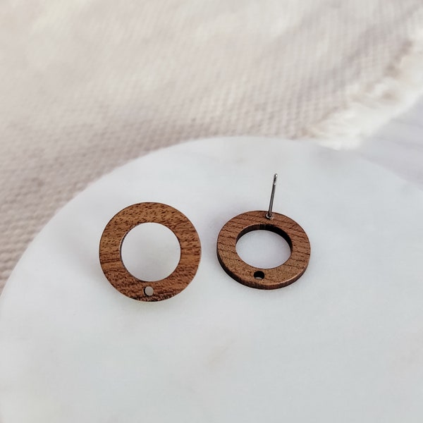 Walnut Wooden OPEN CIRCLE Stud Earring Findings (18mm), Round Wood Post Earring Connector, One Hole Circle Stainless Steel Post Finding