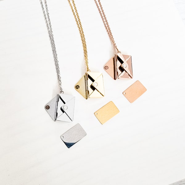 Secret Letter Necklace (Silver, Gold, Rose Gold, or Black) and Optional Extra Letters, 1 Total, Metal Blank #26, Stainless Steel Envelope