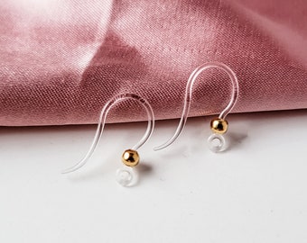 Clear Ear Wires with Gold Bead, 20pcs Plastic and Stainless Steel Earring Hooks, Hypoallergenic, Tarnish-resistant