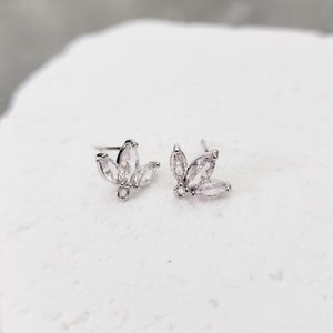 Half Flower Cubic Zirconia SILVER Studs with Loops, 10 pcs, Holiday Stud Connectors, Stainless Steel Posts, Hypoallergenic Findings Pave