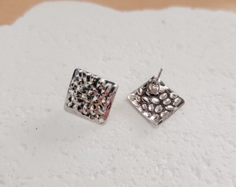 SILVER Hammered Rhombus Stud Connectors (19mm), Square Post Earring Connector, One Hole Circle Stainless Steel Post Finding