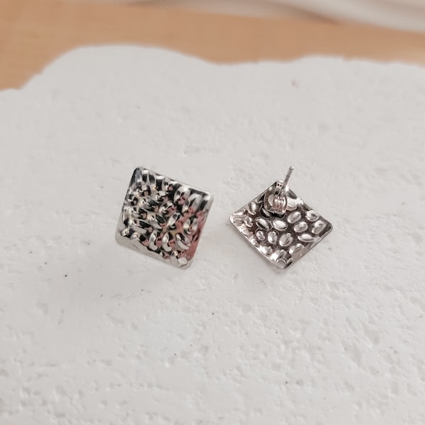 SILVER Hammered Rhombus Stud Connectors (19mm), Square Post Earring Connector, One Hole Circle Stainless Steel Post Finding