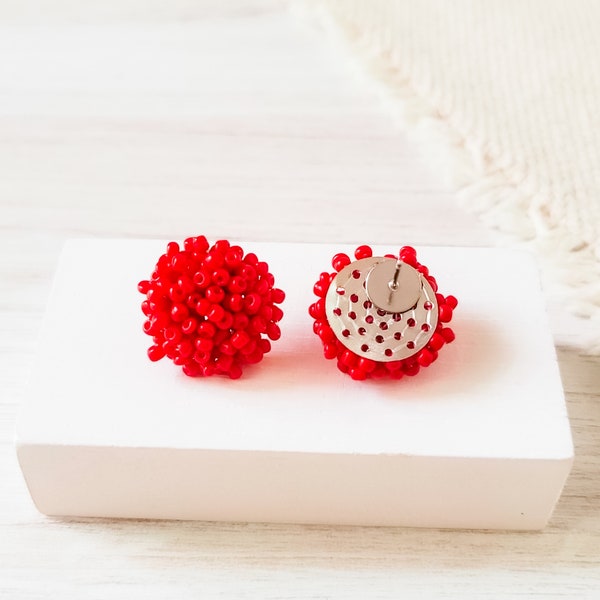 NEW - TRUE RED 15mm Small Seed Bead Topper, 1 Pair, All Stainless Steel Stud Beaded Dome Finding, Pom Pom Style Beaded Jewelry Connector