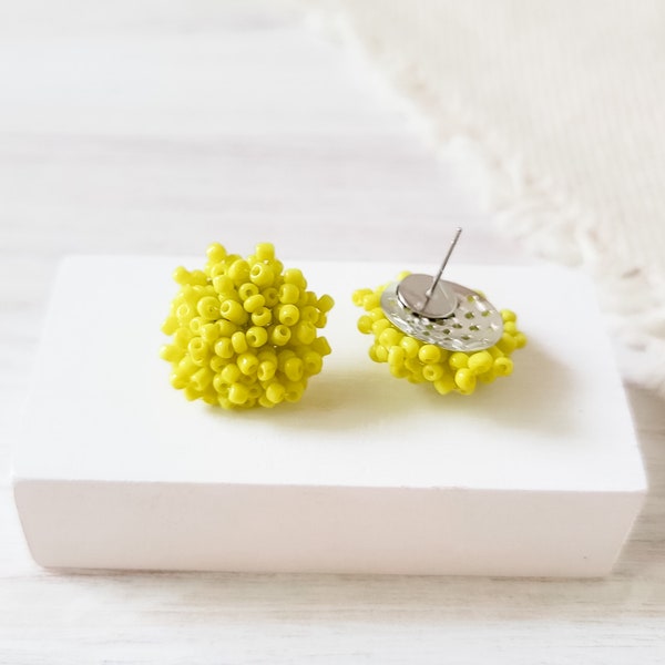 NEW - BRIGHT YELLOW 15mm Small Seed Bead Topper, 1 Pair, All Stainless Steel Stud Beaded Dome Finding, Pom Style Beaded Jewelry Connector