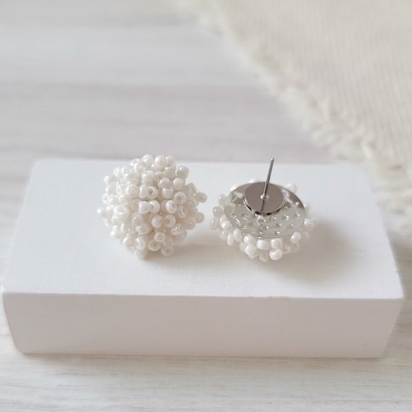 NEW - IVORY 15mm Small Seed Bead Topper, 1 Pair, All Stainless Steel Stud Beaded Dome Finding, Pom Pom Style Beaded Jewelry Connector