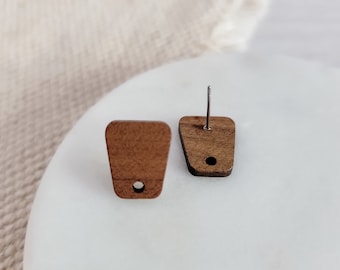 Walnut Wooden ANGULAR TRAPEZOID Stud Earring Findings (14x12mm), Round Wood Post Earring Connector, One Hole Circle Stainless Steel Post