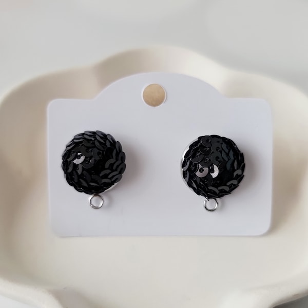 BLACK 15mm Small Sequin Topper, 1 Pair, Stainless Steel Stud Dome Finding, Hypoallergenic Word Earring Connector for Wood Acrylic Leather