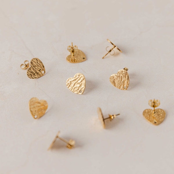 Textured Gold Heart Stud Findings with Holes, 12mm Surgical Stainless Steel with Posts and Backs, Hypoallergenic Tarnish Resistant