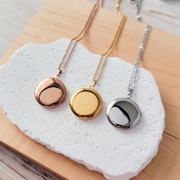 SECONDS Round Locket Necklace (Silver, Gold, or Rose Gold), 1 Total, Metal Blank #10, Mirror Polish Stainless Steel Tarnish-Resistant