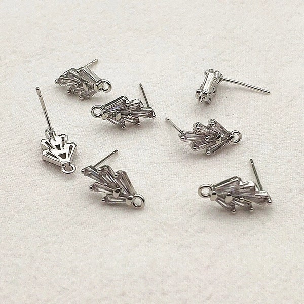 Art Deco Style Cubic Zirconia SILVER Studs with Loops, 10 pcs, Holiday Stud Connectors, Stainless Steel Posts, Hypoallergenic Findings Pave