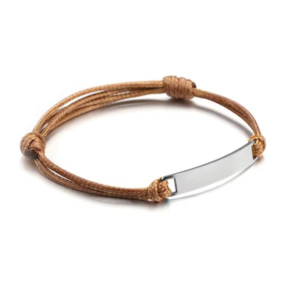 Woven Cord Bar Bracelet (Cognac Brown/Silver), 1 Total, Metal Blank #47, Mirror Polish, Stainless Steel and Woven Cord String Jewelry