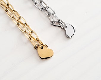 Petit bracelet chaîne trombone coeur (argent ou or), 1 au total, blanc en métal n° 16, poli miroir, acier inoxydable résistant à la ternissure