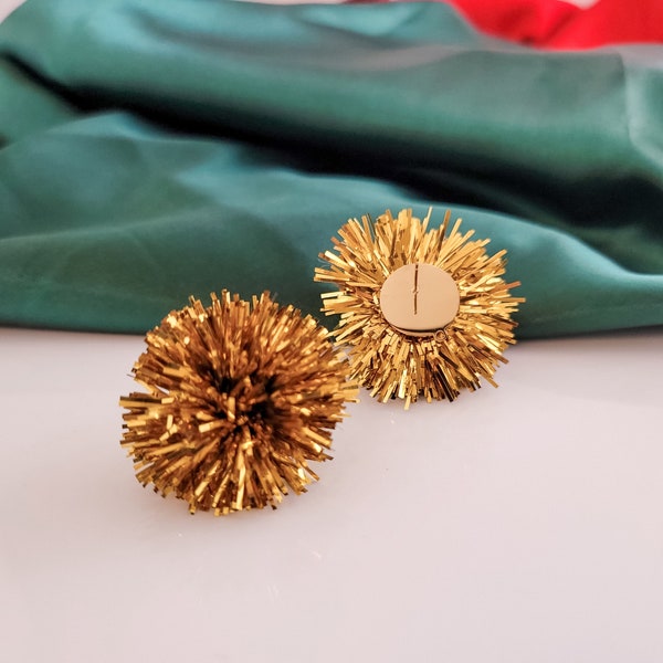 NEW - Gold Tinsel 30mm Large Stud Topper, 1 Pair, All Stainless Steel Dome Finding, Holiday Christmas Premium Studs