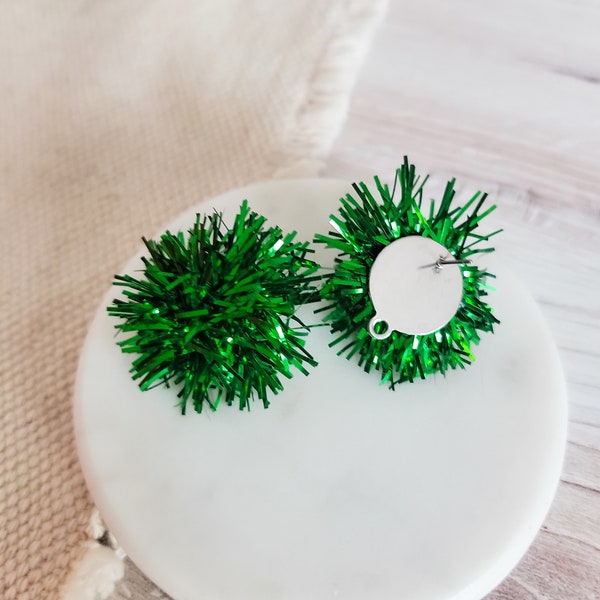 NEW - Green Tinsel 30mm Large Stud Topper, 1 Pair, All Stainless Steel Dome Finding, Holiday Christmas Premium Studs