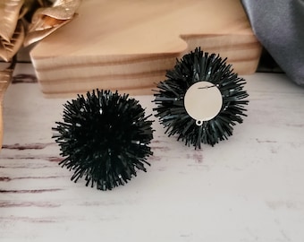 NEW - Black Tinsel 30mm Large Stud Topper, 1 Pair, All Stainless Steel Dome Finding, Holiday Christmas Premium Studs