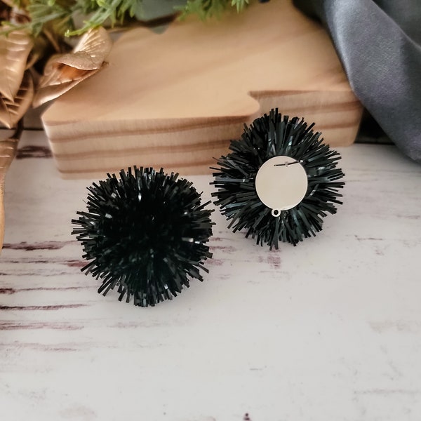 NEW - Black Tinsel 30mm Large Stud Topper, 1 Pair, All Stainless Steel Dome Finding, Holiday Christmas Premium Studs