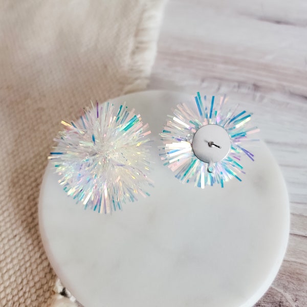 NEW - Iridescent White Tinsel 30mm Large Stud Topper, 1 Pair, All Stainless Steel Dome Finding, Holiday Christmas Premium Studs