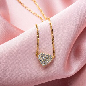 Mini Heart Gold Necklace with Stone, Minimalist Heart Chain, Short Heart Necklace, Love Gift for Her