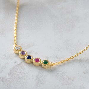 Personalized Five Multicolor Birthstone Gold Necklace | 14K Solid Gold | Customizable Zircon Stones | Family Necklace | Best Friend Gift |