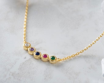 Personalized Five Multicolor Birthstone Gold Necklace | 14K Solid Gold | Customizable Zircon Stones | Family Necklace | Best Friend Gift |