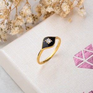 Black Enameled Eye Ring with Stone, Gold Enamel Signet Ring for Women, Unique Black Enamel Jewelry, 14K Gold Enamel Ring