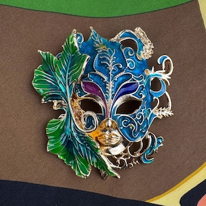 Masquerade Mask Brooch, Enamel Carnival Party Pin, Venetian Style Costume Jewelry, Colorful Mardi Gras Broach, Opera Theatrical Face Brooch