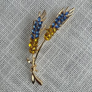 Ukrainian Wheat Brooch, Blue Yellow Crystal Pin, Ukraine Flag Colors Broach, Symbolic Support Costume Jewelry, Patriotic Gift For Ukrainian