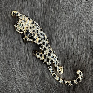 Luxury Panther Brooch, Crystal Leopard Gold Pin, Sparkly Jungle Cat Jewelry, Statement Rhinestone Animal Broach, Glamorous Costume Jewelry