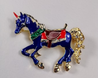Unicorn brooch, Vintage horse lover brooch, Festive animal brooch, Retro rhinestone brooch, Large enamel brooch gift, Unique costume jewelry