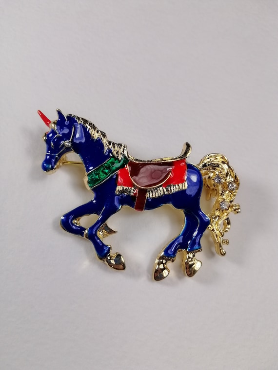 Unicorn brooch, Vintage horse lover brooch, Festive animal brooch, Retro rhinestone brooch, Large enamel brooch gift, Unique costume jewelry